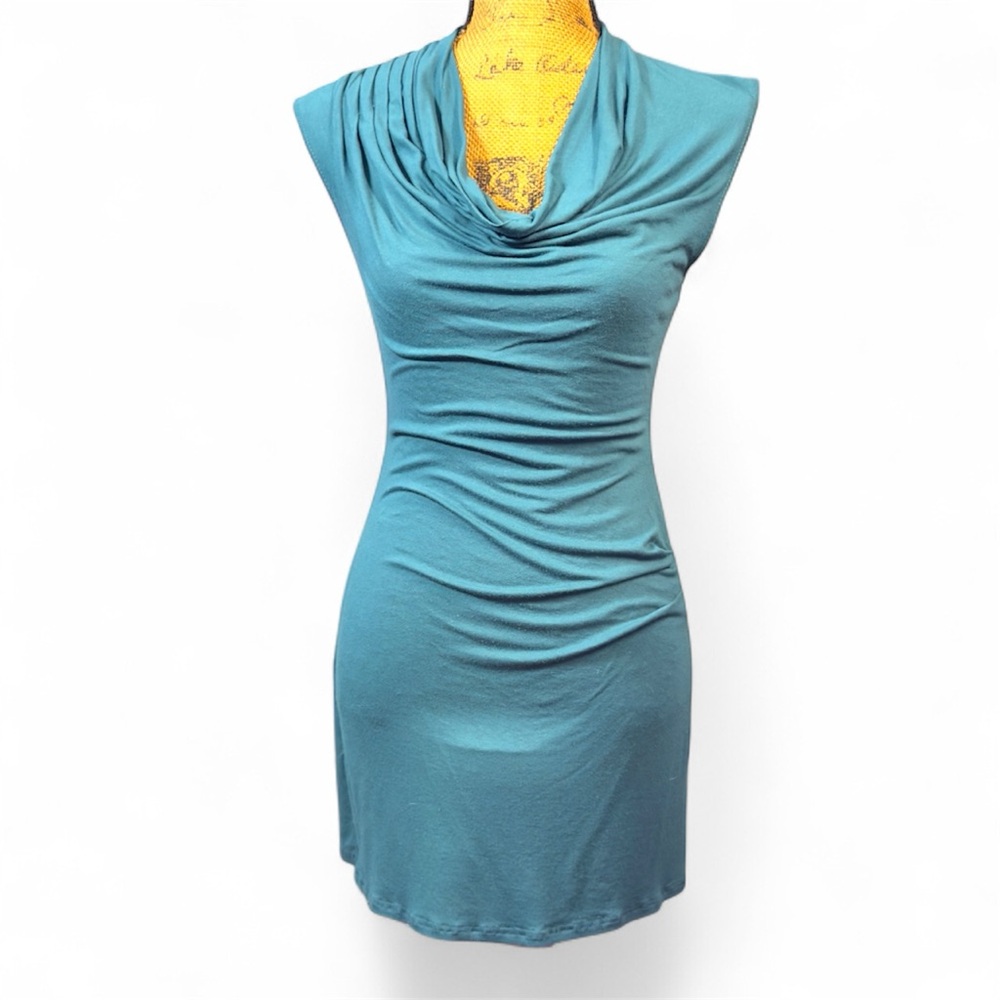 Max Studio teal cowl neck bodycon short sleeved dress Women’s size XS | ah